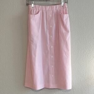 Vintage Pink Seersucker Pinstripe  Elastic Waist Buttoned Pocketed Midi Skirt 14